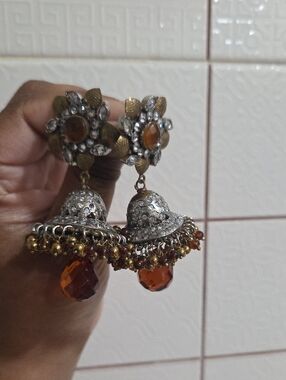Traditional Silver-Tone Jhumka Earrings with Amber Drops